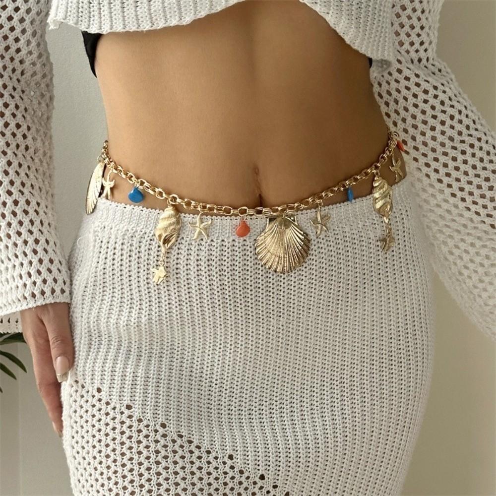 Gold Imitation Pearl Body Chain Multi-pendant Beads Belly Chain Retro Starfish Waist Chain Bikini
