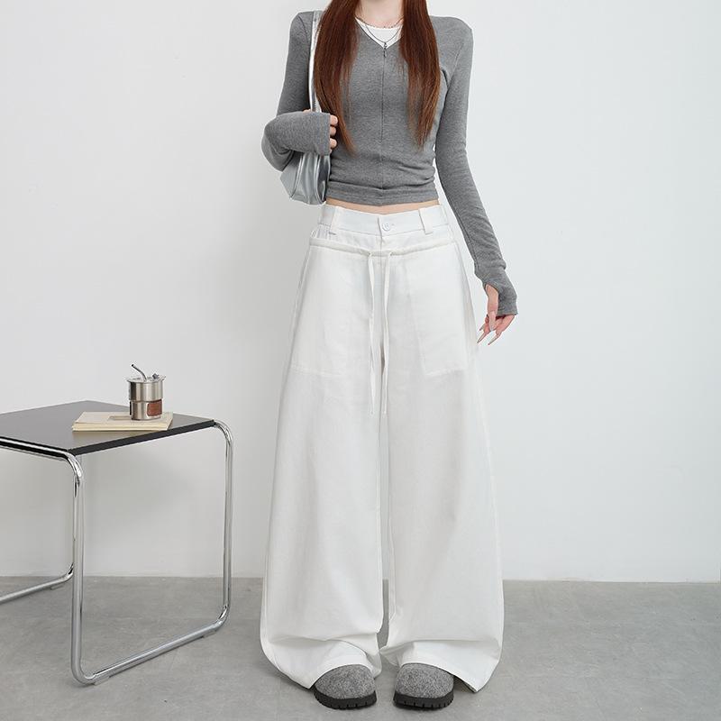 Army Green Cotton Casual Straight-leg Pants Women's New Design High Waist Straps Loose Sports Wide-leg Pants