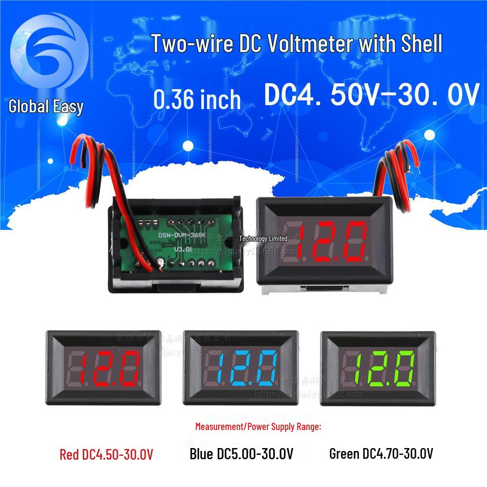 Shell-Enclosed Two-Wire DC Digital Voltmeter, 0.36-inch LED Display, DC 4.50V-30.0V