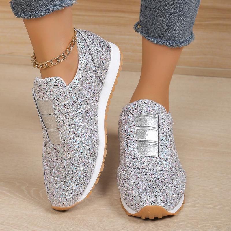 Women's Glitter Slip-On Flats, Rhinestone Elastic Platform Loafers, Round Toe Casual Shoes In Stock