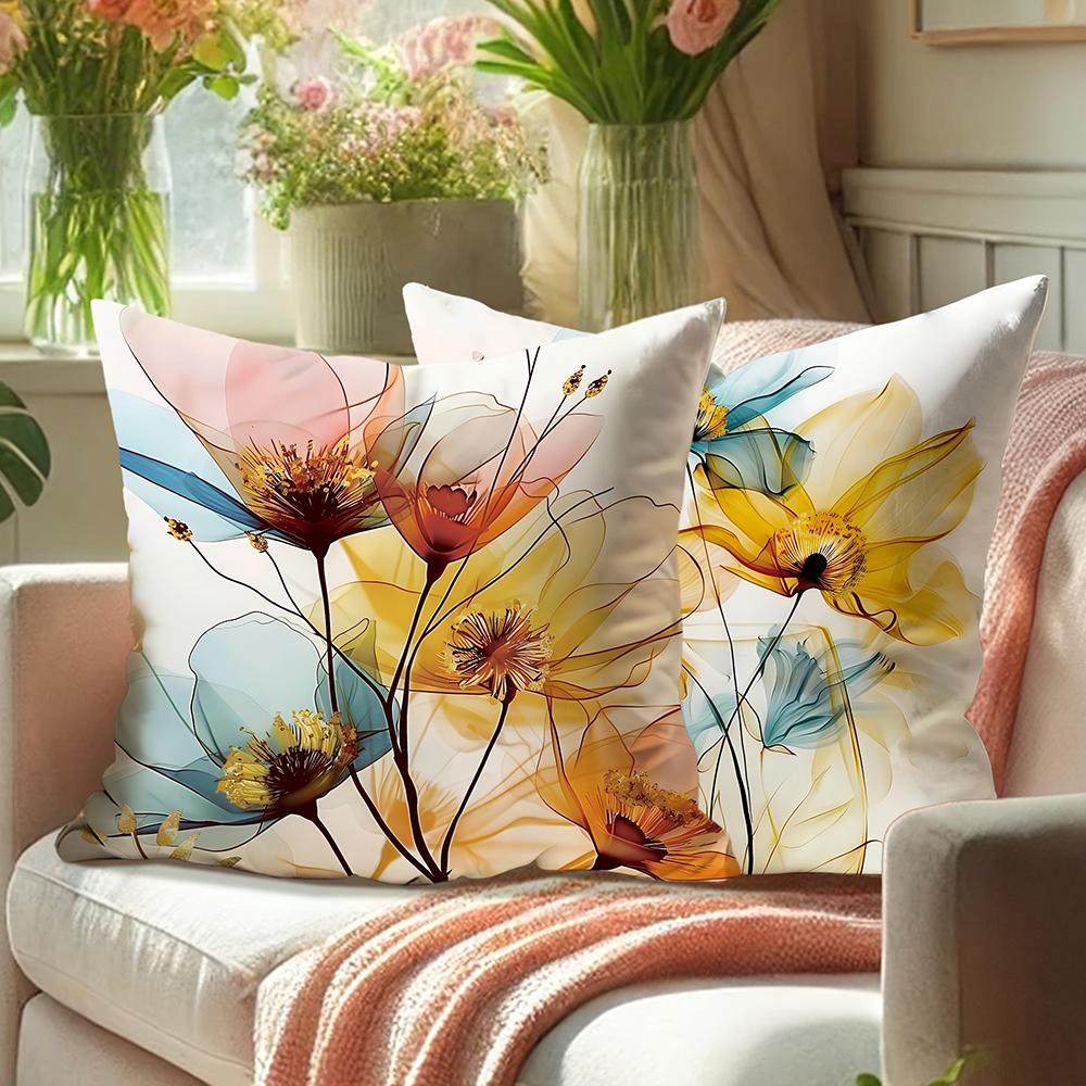 Spring Watercolor Yellow Blue Pink Flowers Pillowcasebedroom Sofa Decorative Cushion Cover With Zipper Soft Cushion Cover
