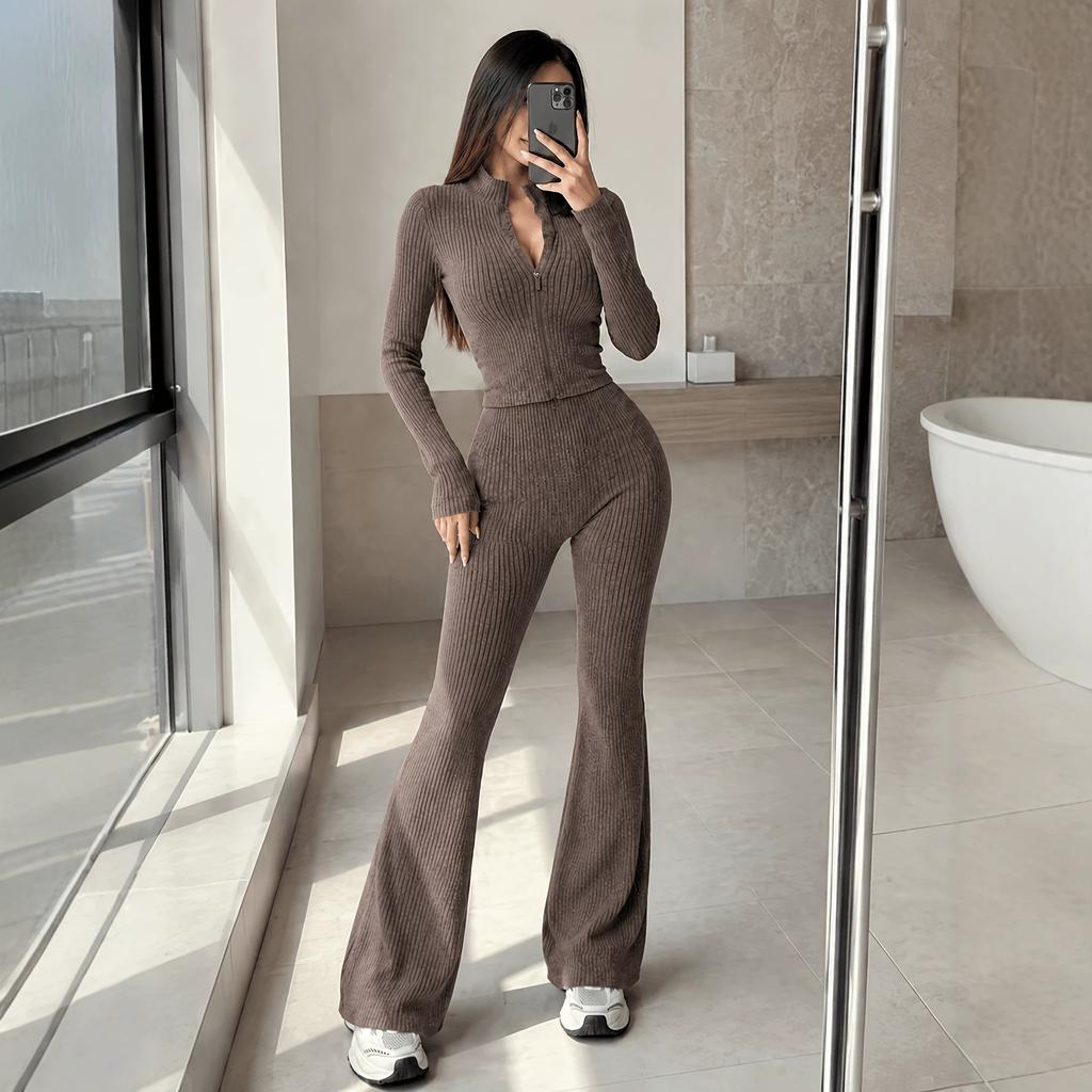 European And American Clothing Suits, Textured Short Cardigan Tops, High-waisted Figure-showing Bootcut Pants, Commuting Two-piece Set