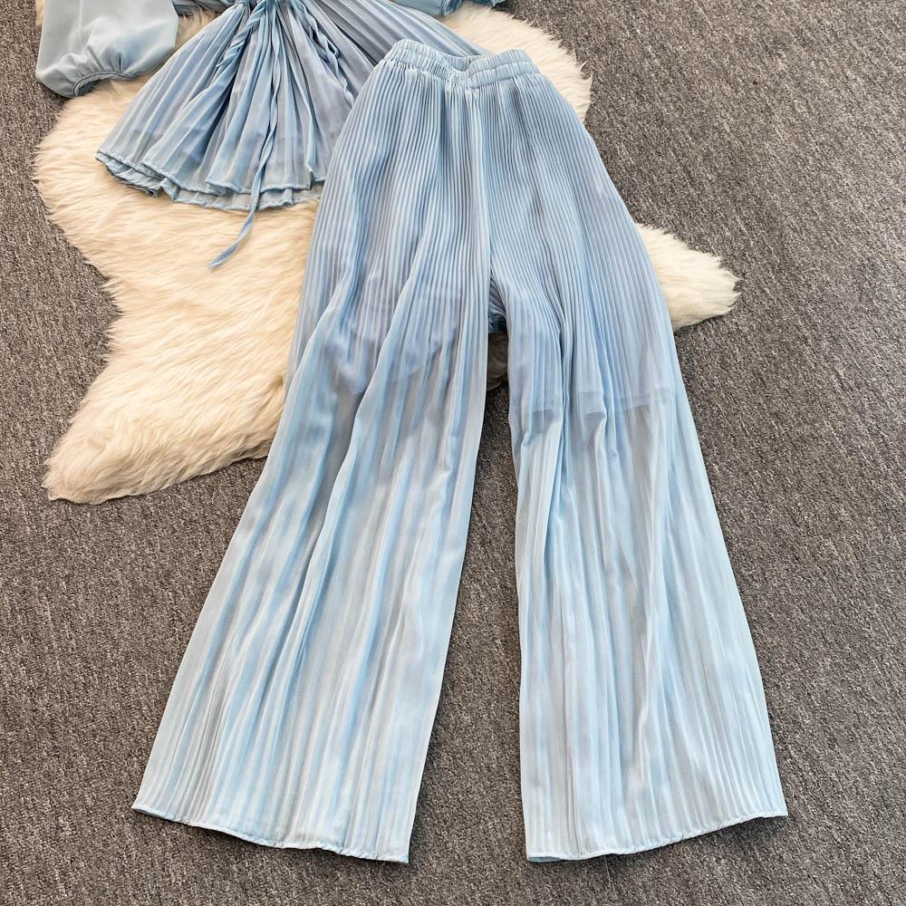 Весна-лето Женский плиссированный комплект из двух предметов Элегантная шифоновая блузка с V-образным вырезом и драпировкой + широкие брюки с высокой талией Костюм из 2 предметов для женщин Новый