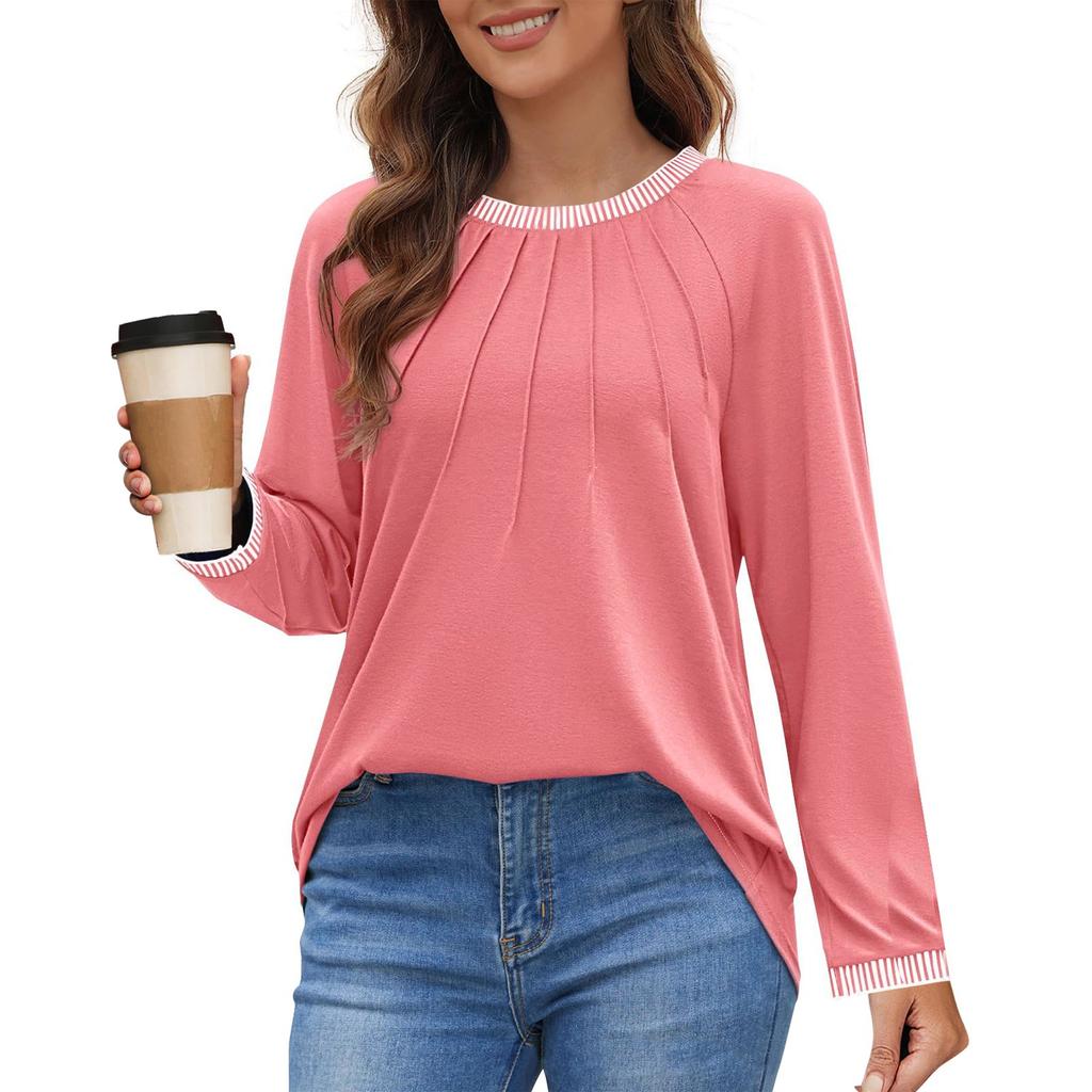 Женские топы с длинным рукавом, нарядные, повседневные, с круглым вырезом, плиссированные, цветные, свободные, модные блузки, футболки