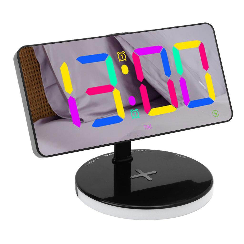 Цифровой будильник с большим LED-дисплеем, зеркальный настольный clock, с беспроводной зарядкой, RGB-подсветкой, кнопкой повтора сигнала, для спальни