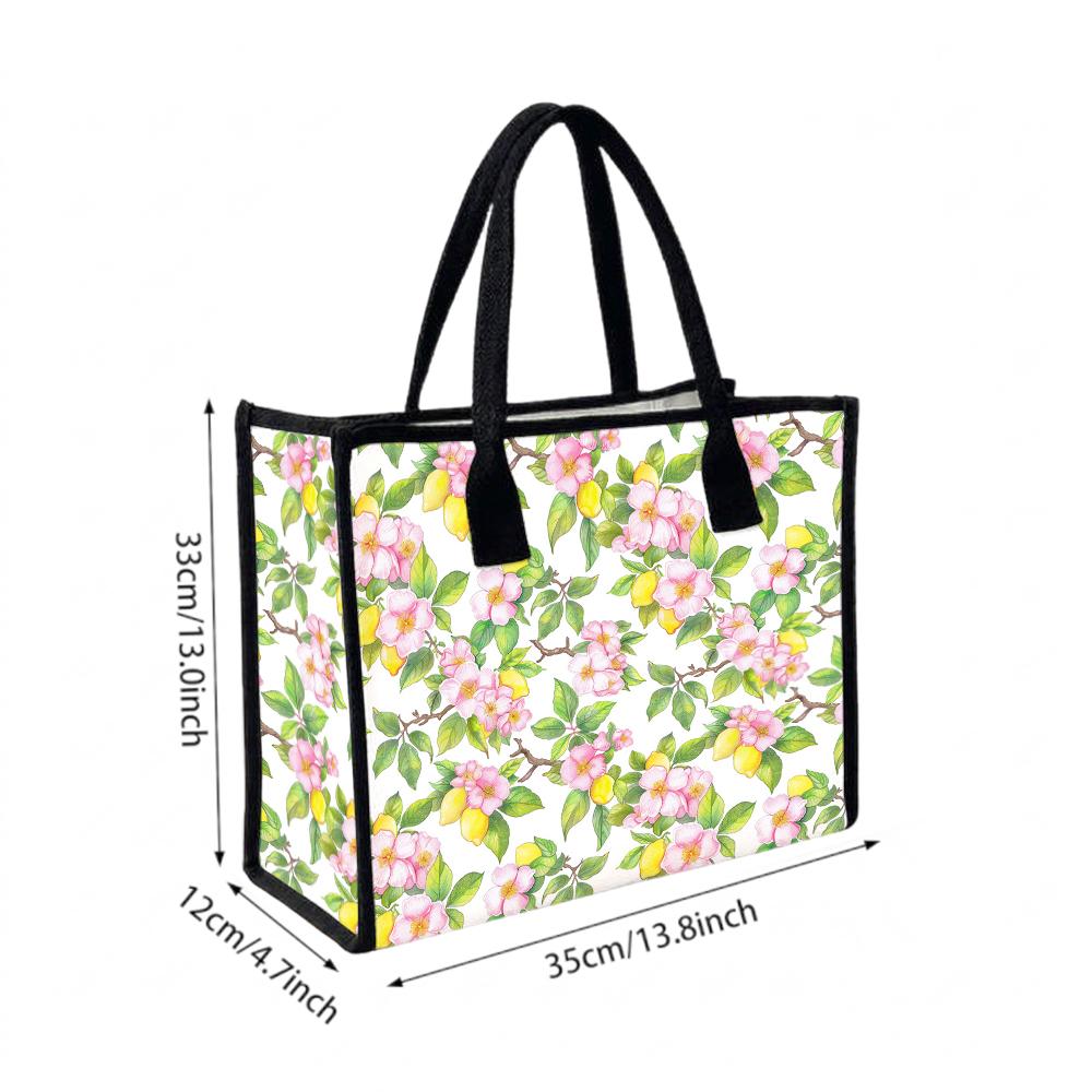 Floral Lemon Printed Tote Bag Casual Large Capacity Handbag for Daily Use