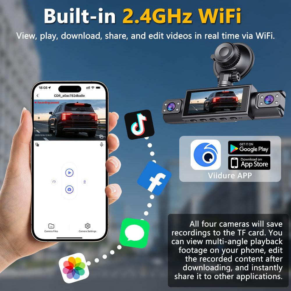 4-канальная 360° видеорегистратор, FHD 1080P, приложение WiFi, 4 объектива камеры, видеорегистратор для автомобилей с камерой заднего вида