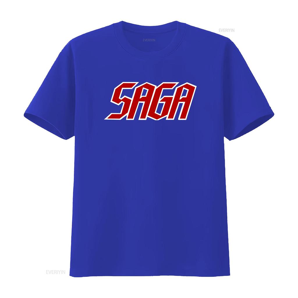 Saga Band Logo Black T Shirt All Sizes Available Bold Red White Design for Music Fans Comfortable Cotton Fabric Perfect