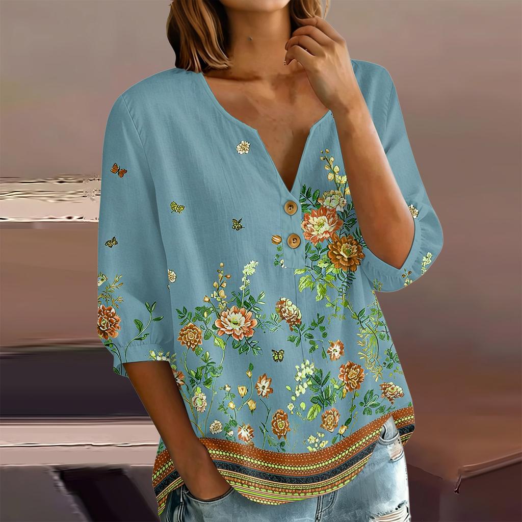 Женская блузка-henley с цветочным принтом, пуговицами на воротнике, рукавом три четверти, из хлопка и льна, повседневная, свободного кроя