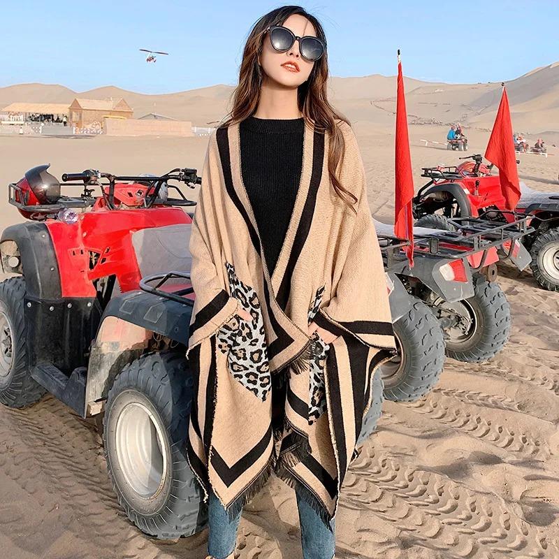 21 Style Big Pendulum Cloak With Hat Arabic Poncho Women Leopard Pocket Shawl Cape Knitted Middle East Split Thick Warm Blanket