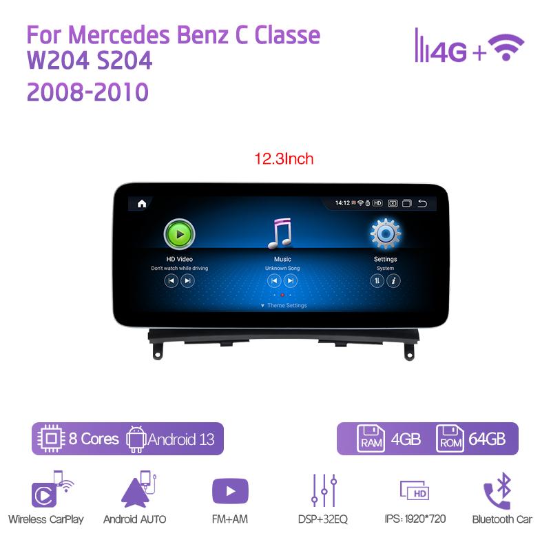 10.25/12.3" Android13 Для Mercedes Benz C Classe W204 S204 2008-2010 Автомобильный мультимедийный плеер GPS-навигация CarPlay 4G 360Camera