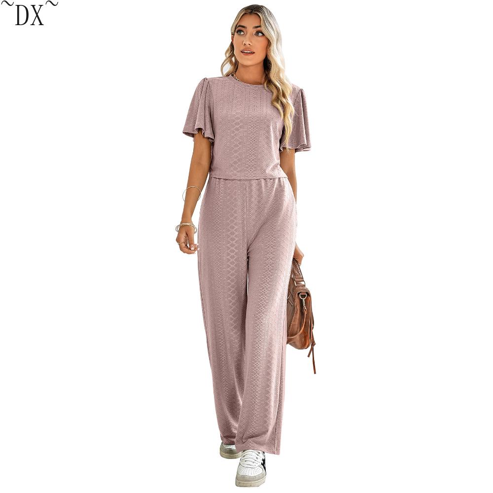 DX - весеннее и летнее новое желание, женский однотонный повседневный вязаный ажурный комплект с круглым вырезом для внешней торговли в Европе и Америке