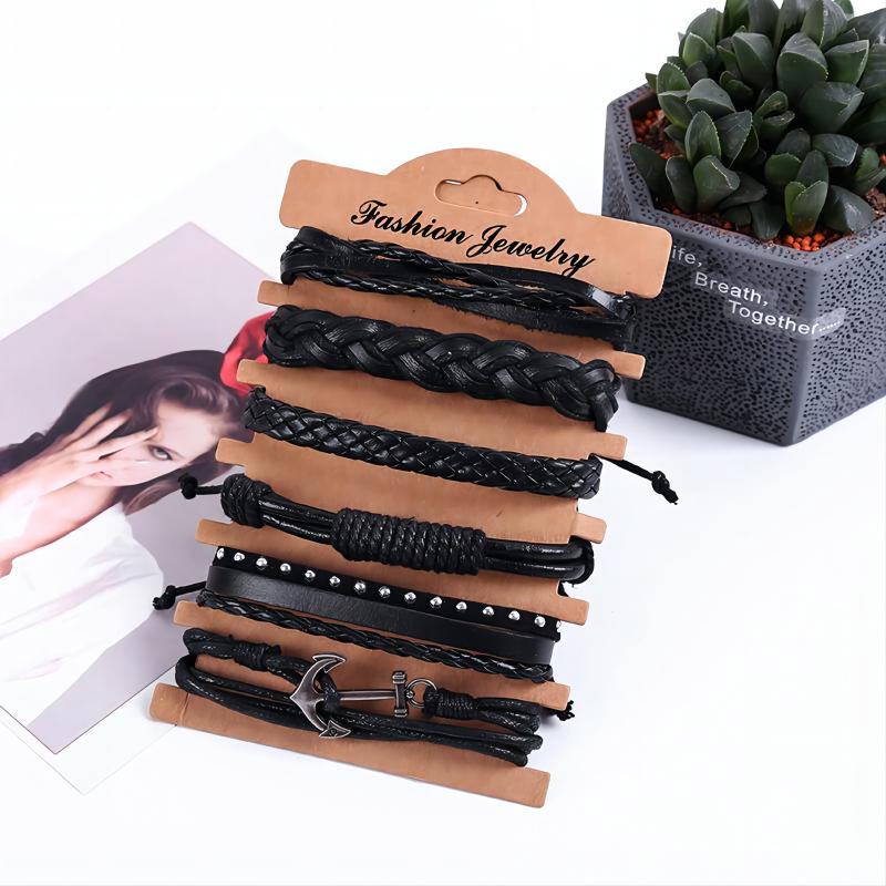 Men's Leather Bracelet, Pu Leather Set, Set Of 6 Pieces, Anchor, Vintage