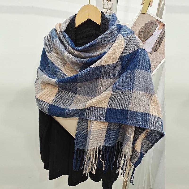 Women's Korean Style Knitted Plaid Tassel Shawl: Thick, Double-Sided & Versatile Winter Scarf