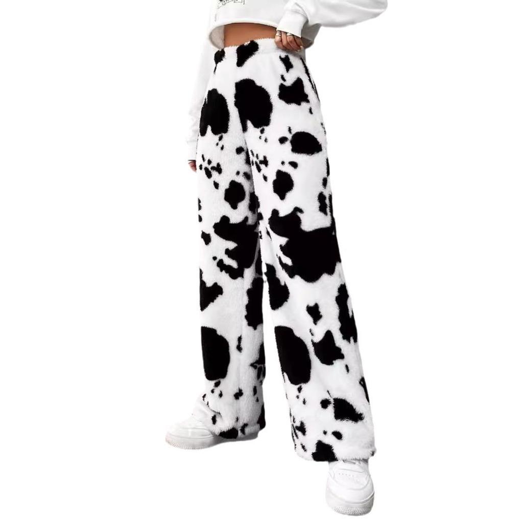 2025 Shien High-Waist Cow Pattern Casual Fur Trousers - Comfortable Autumn/Winter Pants