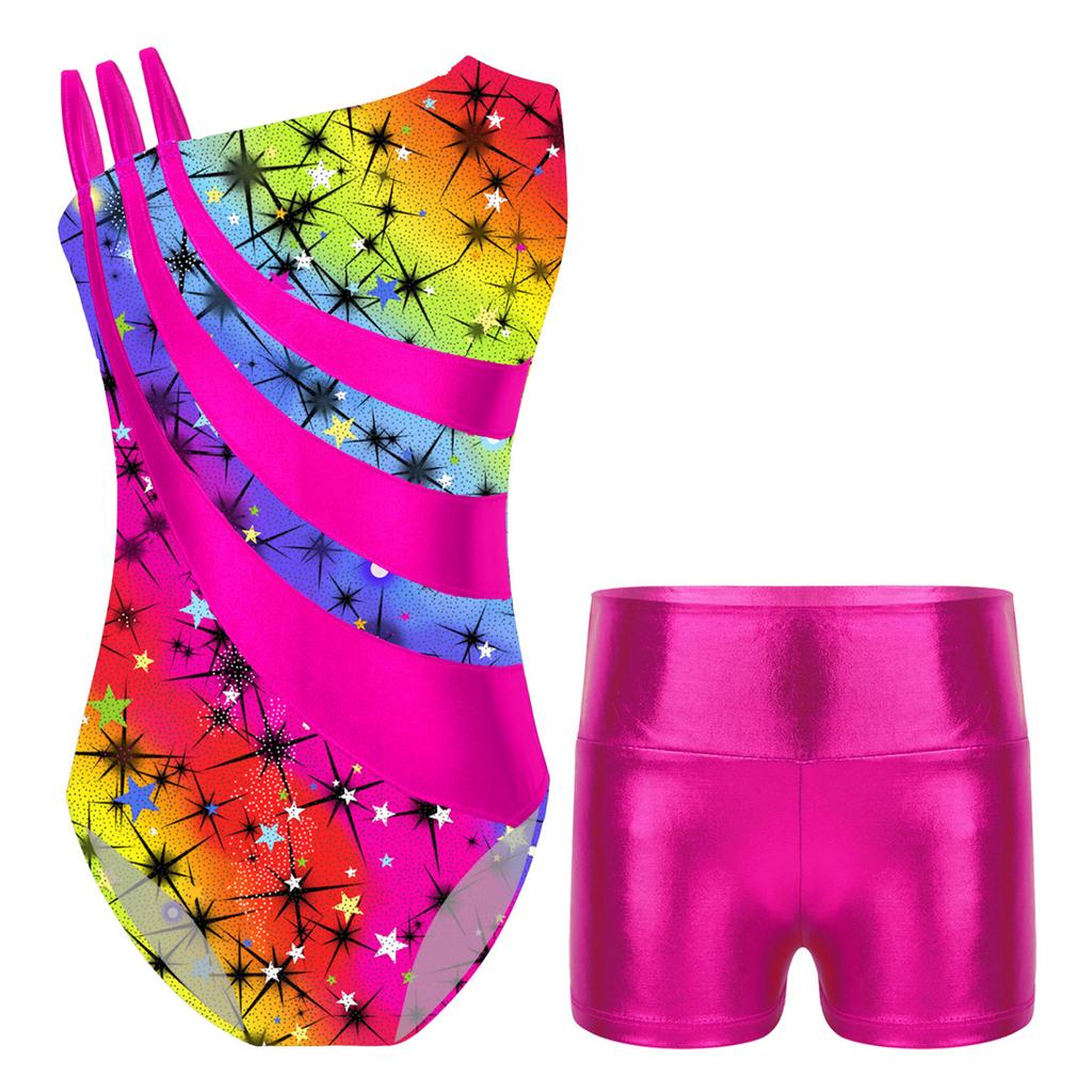 Детские гимнастические купальники без рукавов с асимметричными бретелями и шортами для девочек, спортивные танцевальные велосипедки