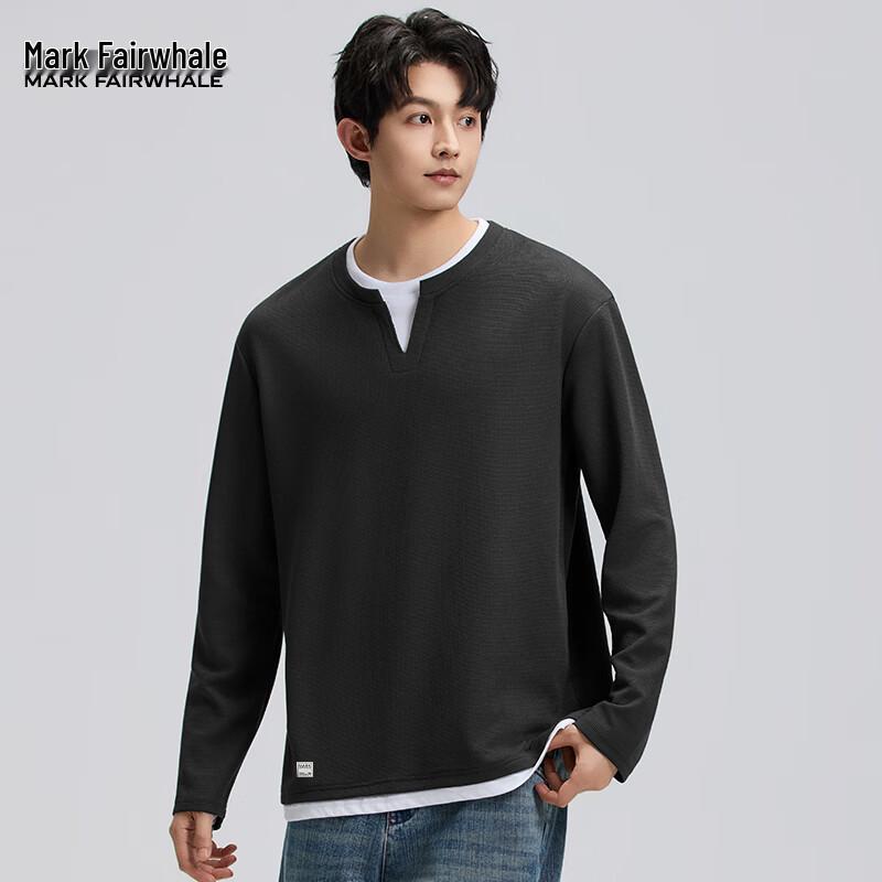 Mark Fairwhale Men's Faux Two-Piece Layered V-Neck Waffle Knit Long Sleeve Tee