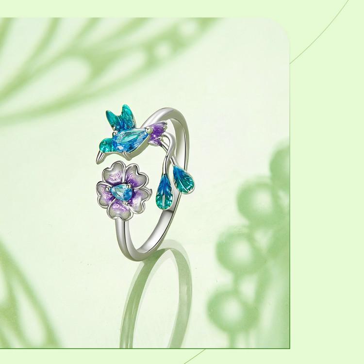 Avle Spring Bird & Flower Adjustable Open Ring - S925 Sterling Silver for Women