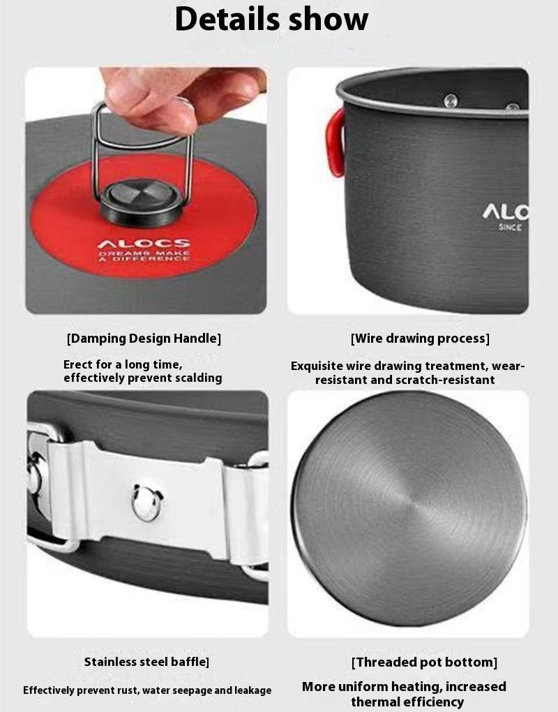 ALOCS Походная посуда для кемпинга 4-в-1 - Кастрюля с резьбовым дном, Компактная конструкция, Семейный кемпинг (2.2л + 1.4) Большая кастрюля + Сковорода + Чайник