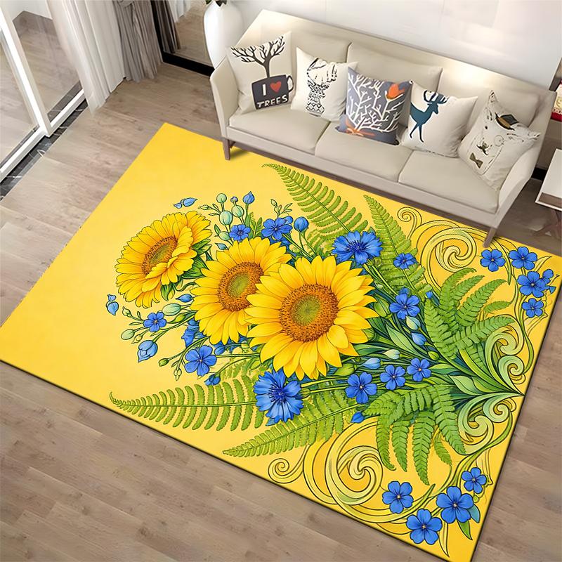 Yellow Floral Carpet with Sunflowers, Blue Flowers, and Green Fern Design Suitable for use as an anti-slip for living room bedroom sofas