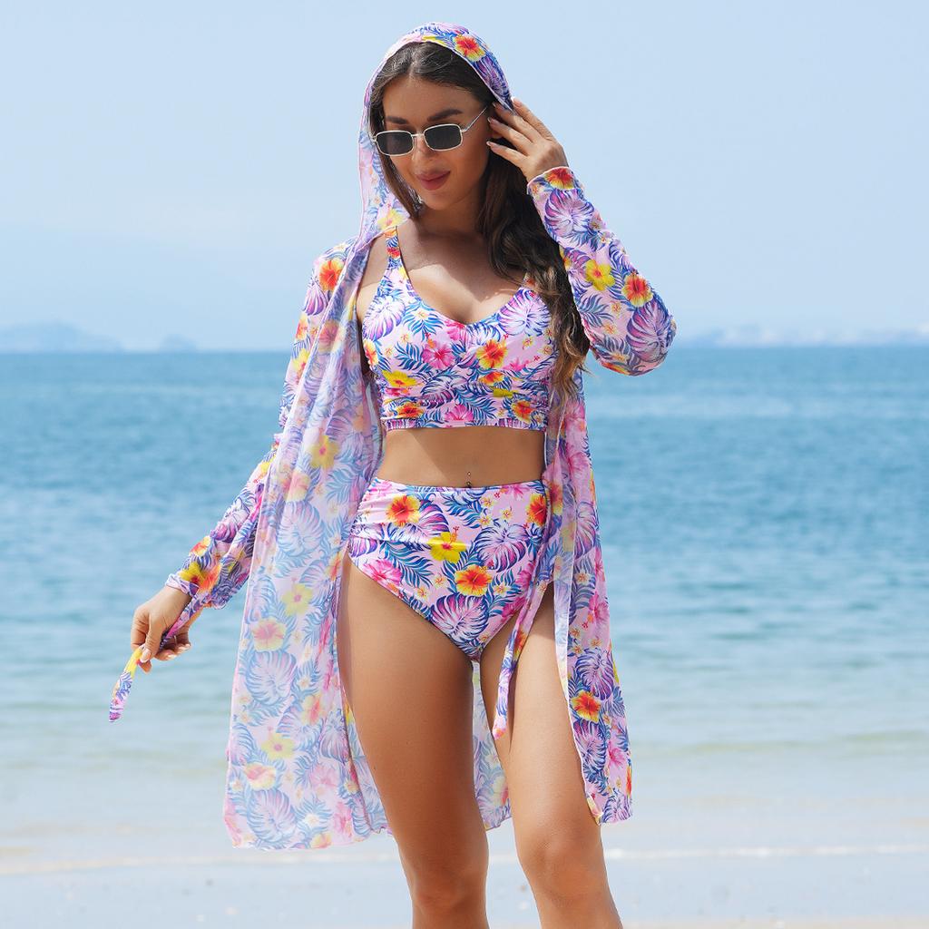New European and American fashion high-end sexy multi-color printed bikini BIKINI three-piece women's swimsuit
