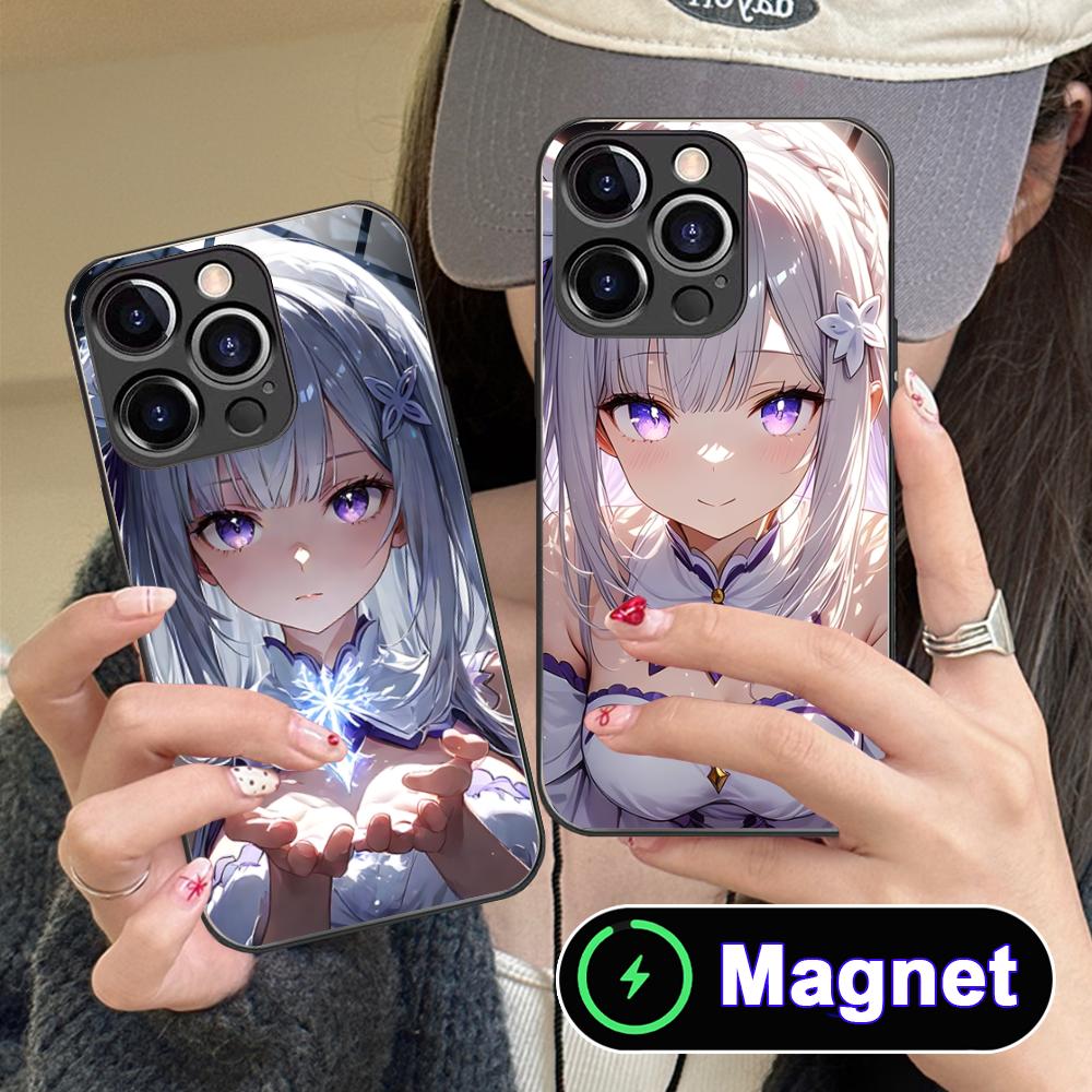 ReZero Emilia Вайфу Стеклянный Чехол для Телефона MagSafe для iPhone 17 16 15 14 13 12 11 Air Pro Max Plus Mini Цветной Чехол