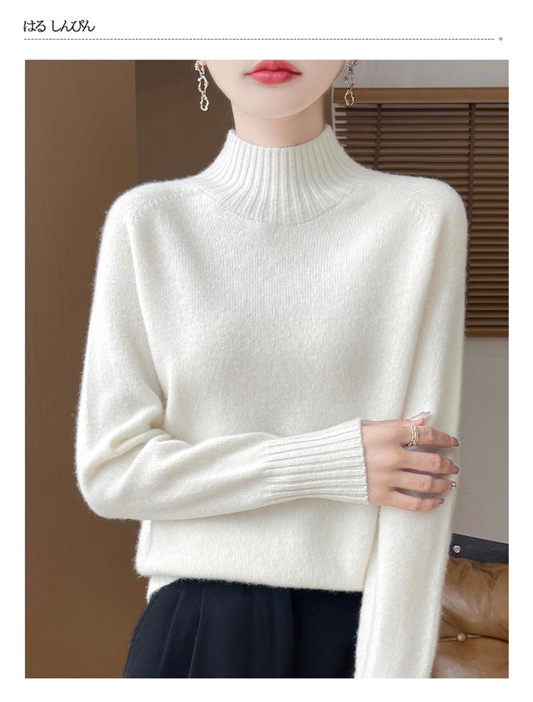 Women's Pure Wool Half-High Collar Loose Knit Sweater - Thickened Autumn/Winter Base Layer Pullover