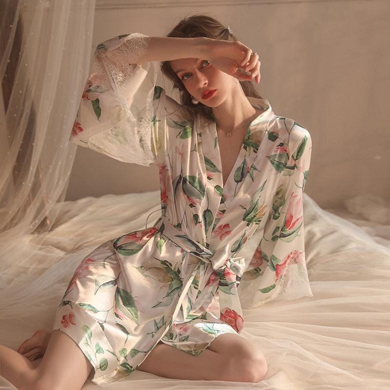 Сексуальная кружевная пижама с перспективой искушения, халат на шнуровке с принтом, женская домашняя одежда