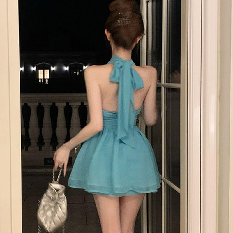 Синее платье с открытой спиной и бретельками через шею, женское летнее модное короткое элегантное платье без рукавов