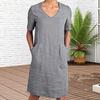 Женское хлопковое льняное платье-рубашка, летнее платье миди с коротким рукавом и V-образным вырезом, повседневное платье-рубашка с карманами