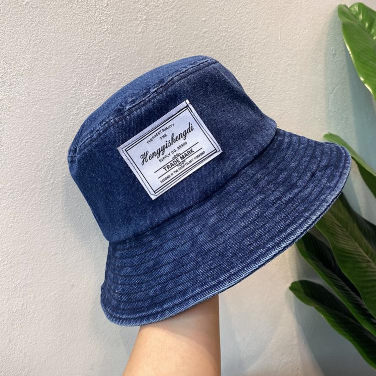 Korean and Japanese style versatile denim patch fisherman hat, spring and summer retro Hong Kong style street sun protection bucket hat for women