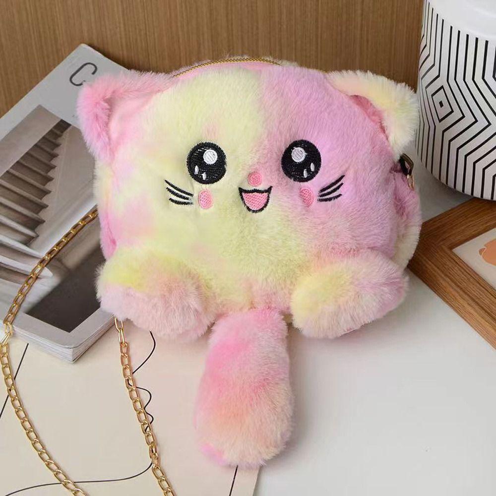 Rainbow Cat Shoulder Bag Faux Fur Stuffed Doll Bag Portable Plush Crossbody Bag  Streetwear