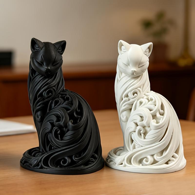 1-Piece Black Cat-Shaped Ornament, Light Luxury Spiral Cat Statue Decoration, Realistic Design, Hollow Carving, Elegant Sitting Posture, 