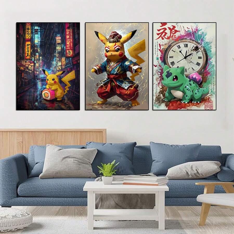 6 Styles Anime Pokemon Posters Pikachu Bulbasaur Charmander Squirtle Wall Art Modern Children Room Home Decoration Gift Unframed