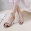 Square Head One-word Anklet Buckle Sandals Women's Summer Rhinestone Bow Glossy Stiletto High-heeled Sandals