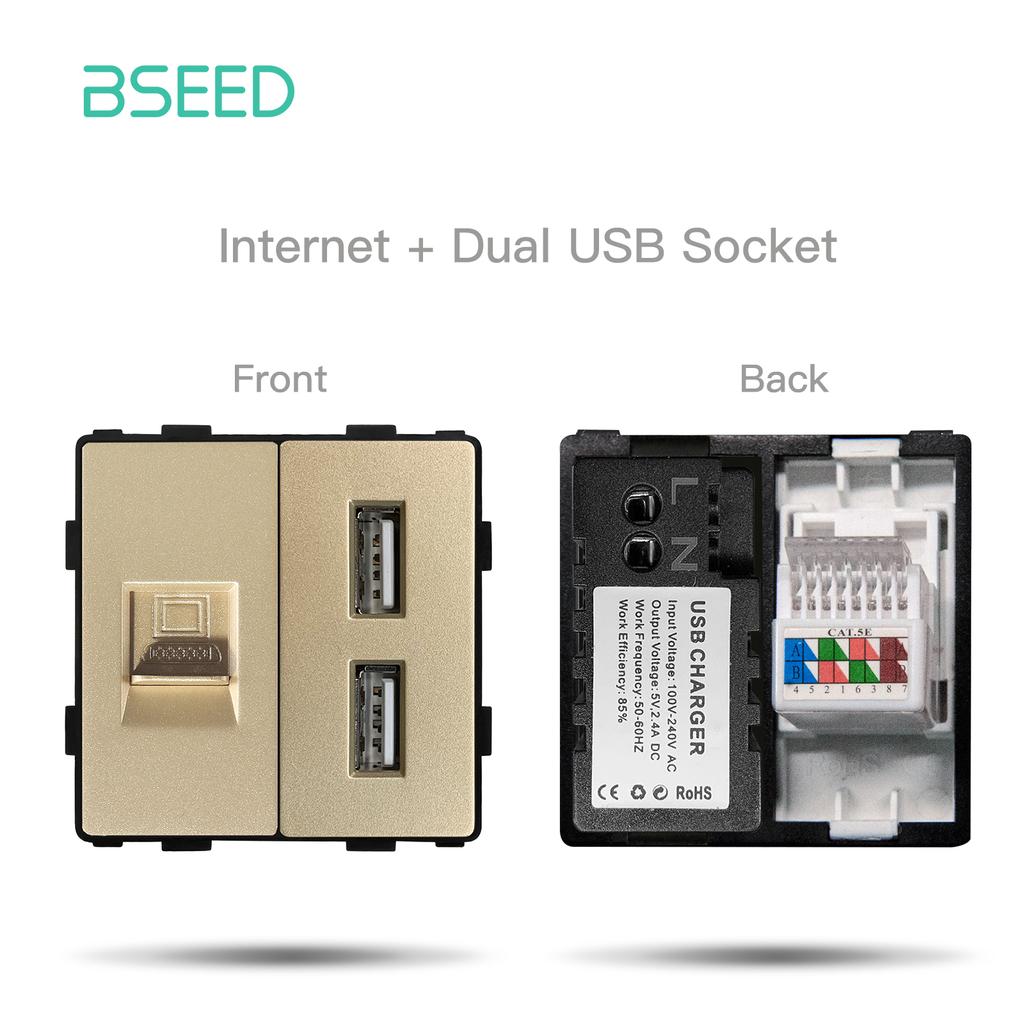 BSEED DIY EU Standard TV Satellite USB Sockets Button Switches With Crystal Glass Frame Panel Gold Home Improvement DIY Free