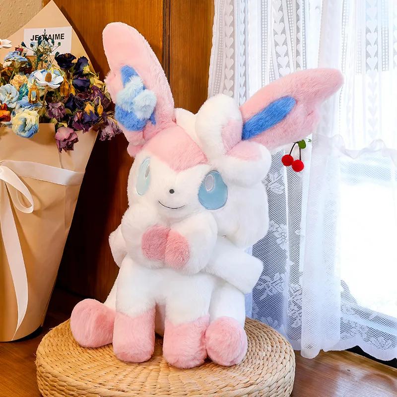 Sitting Pose Sylveon Plush Toy Huggable Soft Fluffy Stuffed Anime Doll Japanese Style Throw Pillow Sofa Bed Home Decor Gifts