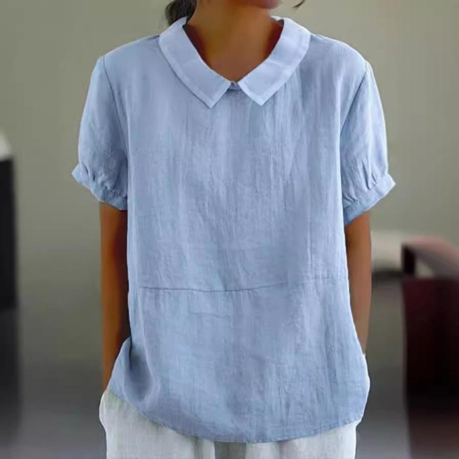 Womens Casual Peter Pan Collar Blouse Summer Loose Cotton Blouse Linen Tops Solid Color Short Sleeve Casual Ladies Breathable Shirt
