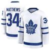 Хоккейный свитер Белый с синими акцентами "Matthews 34" Классический логотип кленового листа Свитер 3D-принты Футболка с длинным рукавом Футболка с V-образным вырезом