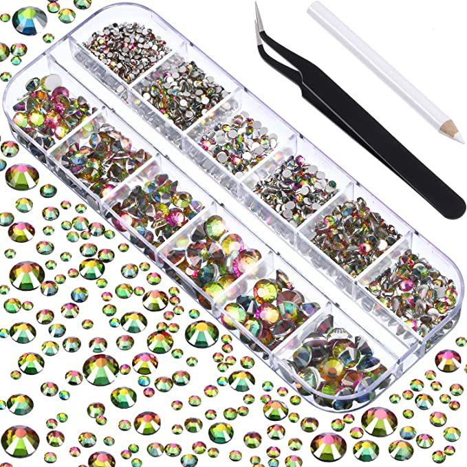 12 сеток в коробке, разноцветные плоские стразы для ногтей смешанного размера, хрустальное стекло, драгоценные камни для ногтей, украшение для ногтей с пинцетом и восковым карандашом для нанесения точек