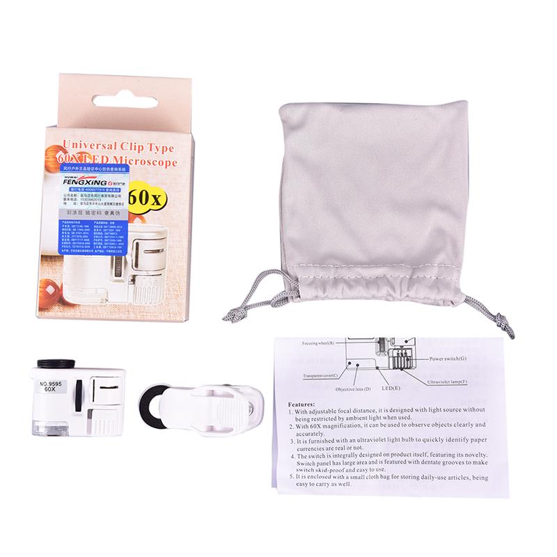 60X Универсальный мини-зажим для мобильного телефона со светодиодной УФ-лампой, лупа для микроскопа, лупа