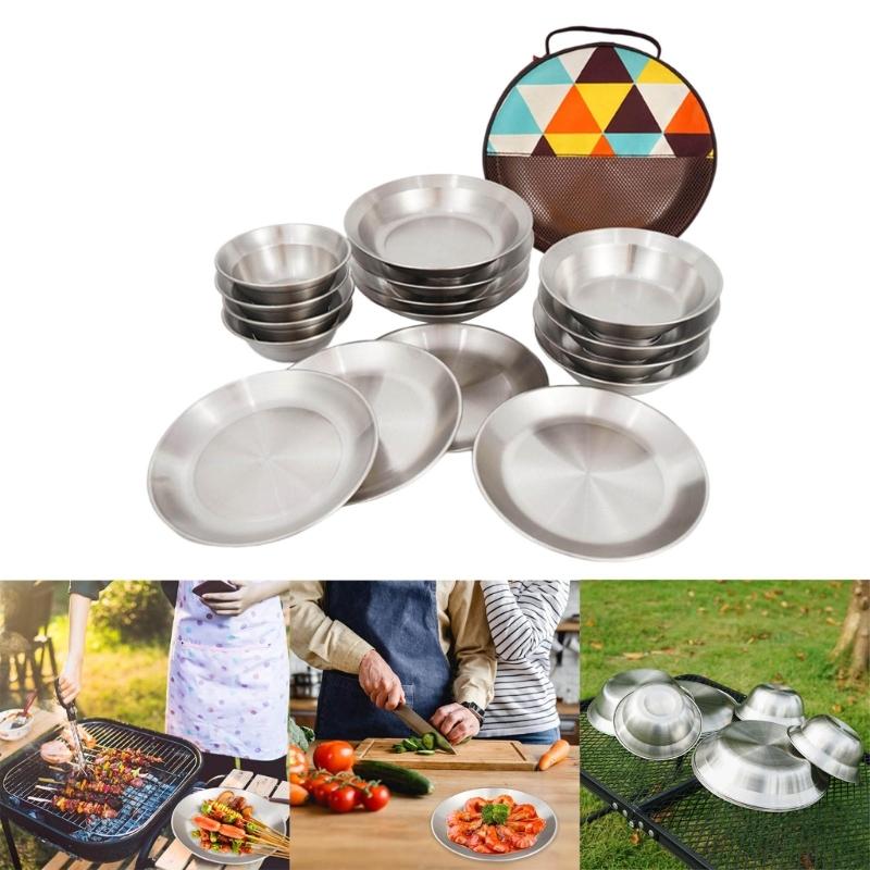 Set of 16 Stainless Steel Camping Plates Outdoor Dinnerware Barbecue Tableware Travel Friendly Meal Plate Cookwares