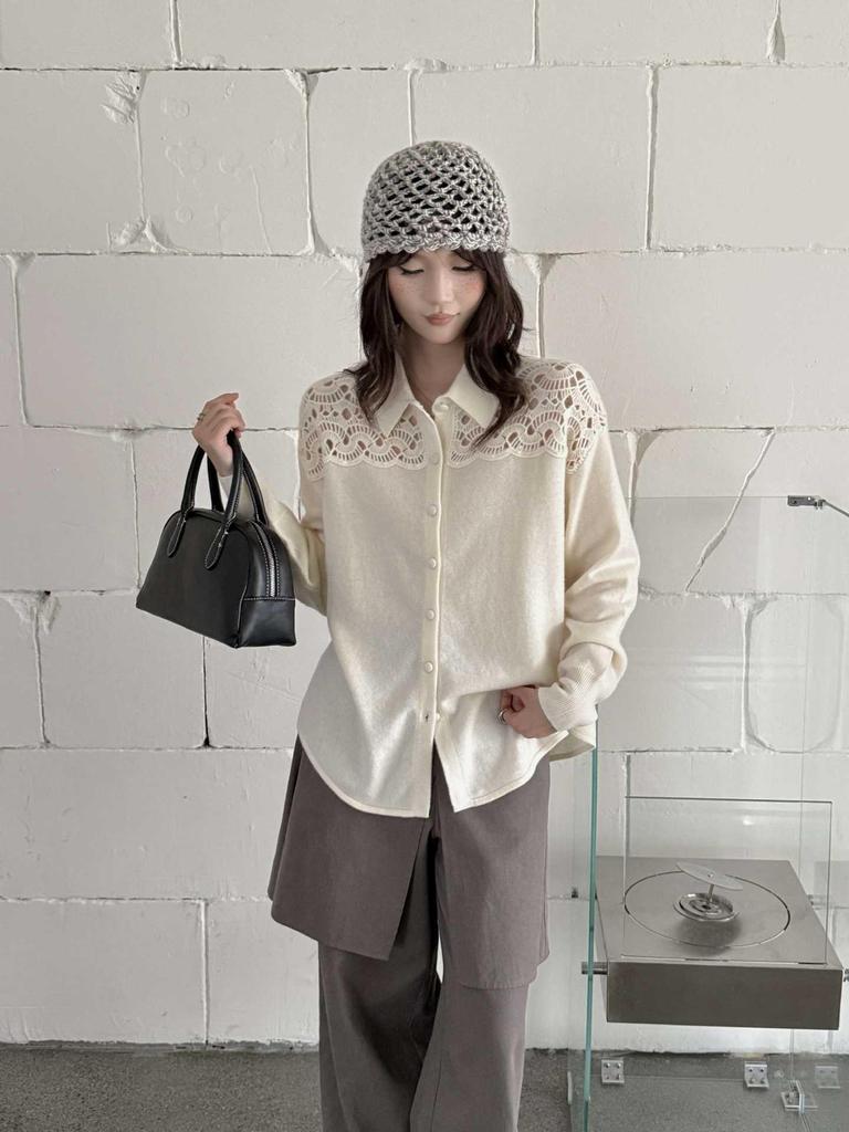 Women's 100% Pure Wool Knit Cardigan - Autumn/Winter French Sweetheart Polo Collar with Lace Patchwork Hollow Out Design