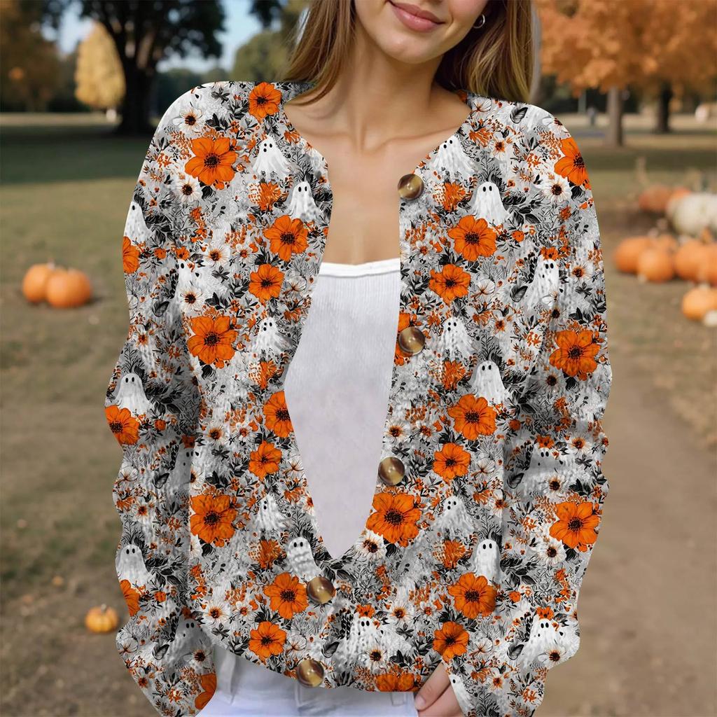 Women's Fashion Printed Long Sleeve Knitted Cardigan Button Down Jacket