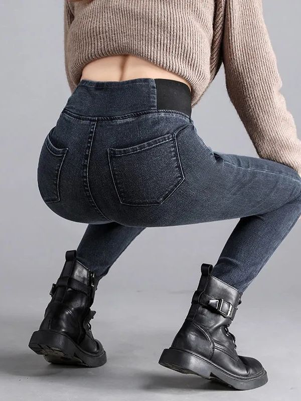 Джинсы с высокой талией, женские брюки, новый размер Plus Slim Fit, эластичные брюки с талией, маленькие брюки