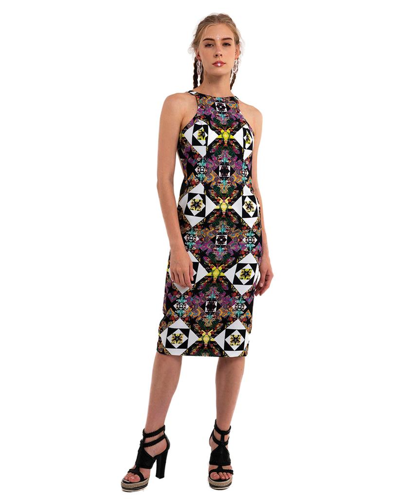 GREEDILOUS Black Geometric Halter Neck Dress