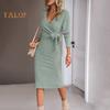 Women Spring Fall Dress Cross V Neck Lace-up Slim Fit Sheath Long Sleeves Knee Length Knitted Slim Fit Elastic Midi Dress Shopping Dating Dress