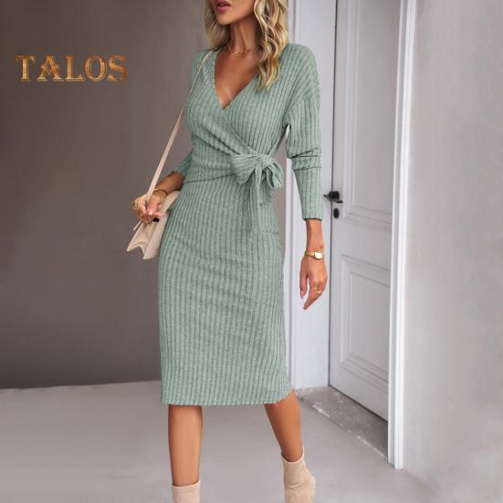 Women Spring Fall Dress Cross V Neck Lace-up Slim Fit Sheath Long Sleeves Knee Length Knitted Slim Fit Elastic Midi Dress Shopping Dating Dress