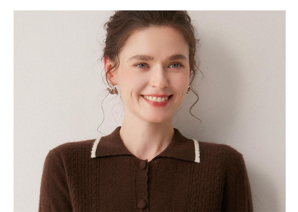 Women's Cashmere Color Block Polo Collar Hand-Crocheted Pullover Sweater for Autumn & Winter