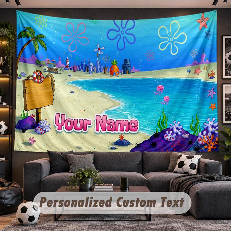 Wall Hanging Tapestry Custom NameSpongeBob Pattern Personalized Printed Fabric Wall Decor